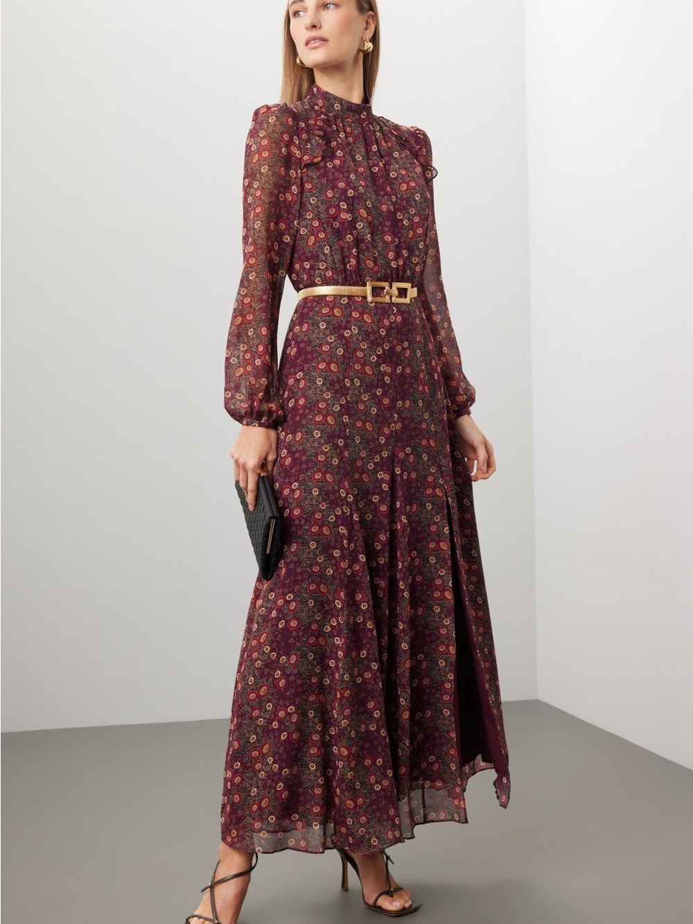 SALONI Burgundy Floral Ruffle-Neck Maxi Dress